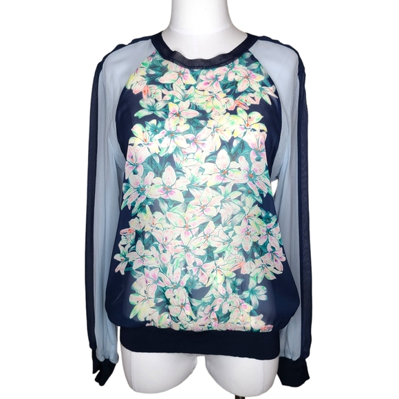 BCBGMaxAzria Milah Sheer Sweatshirt Style Floral Silk Blouse Navy Blue M - Picture 1 of 11